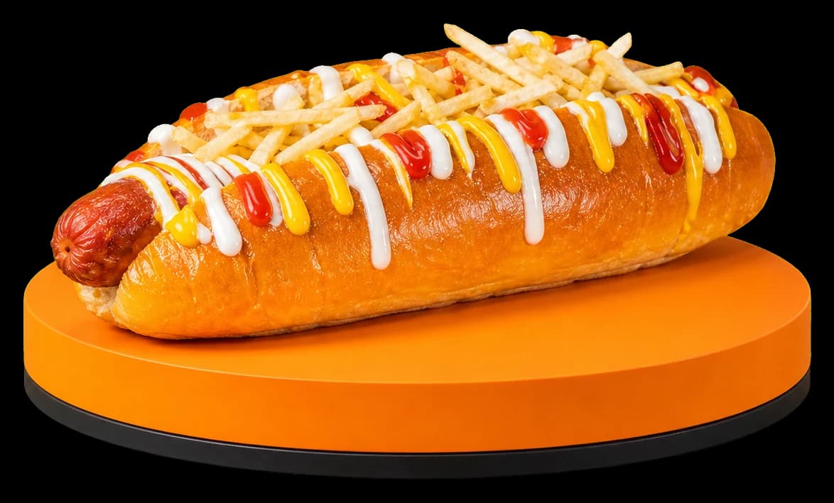 A loaded Bunify brioche bun presented on an orange studio plinth